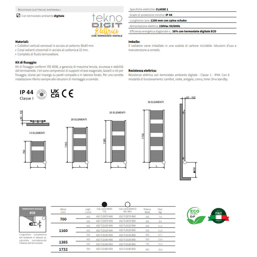 Termoarredo elettrico CSRadiators Nero opaco 1385x500 mm con termostato digitale Potenza 700 W