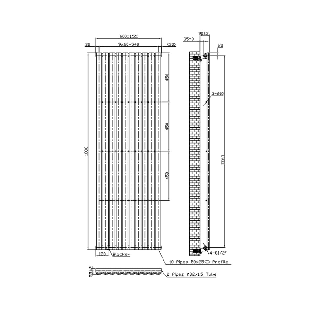 Termoarredo idraulico Singolo modello Piano 1800x600 mm e 1111W - Bianco