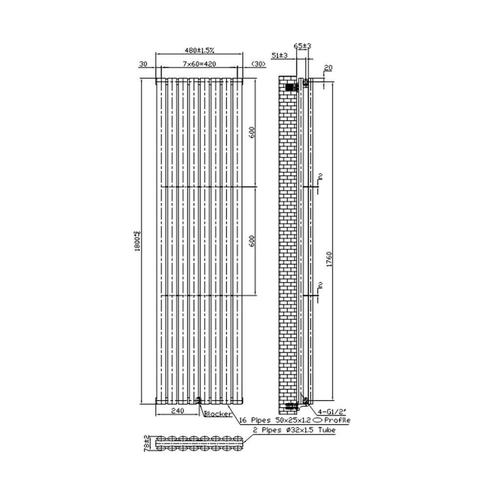Termoarredo idraulico Doppio modello Piano 1800x480 mm e 1732W - Bianco