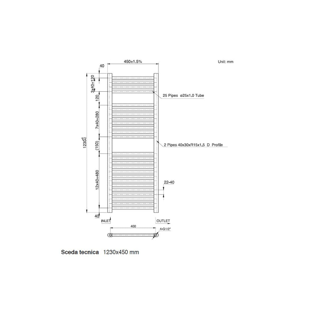 Termoarredo scaldasalviette da bagno idraulico 1230x450 mm interasse 400 mm in acciaio Verniciato Nero
