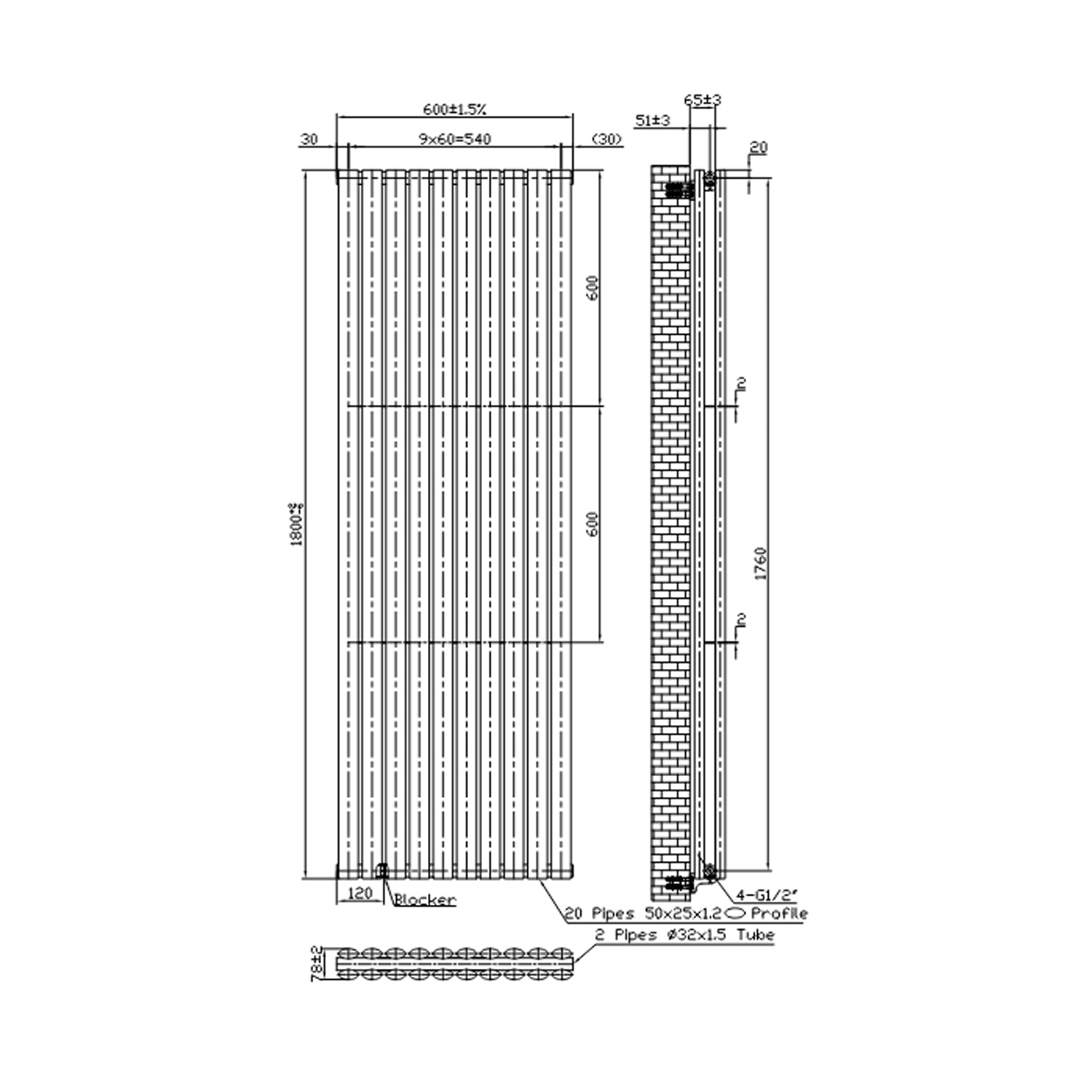 Termoarredo idraulico Doppio modello Piano 1800x600 mm e 2165W - Bianco