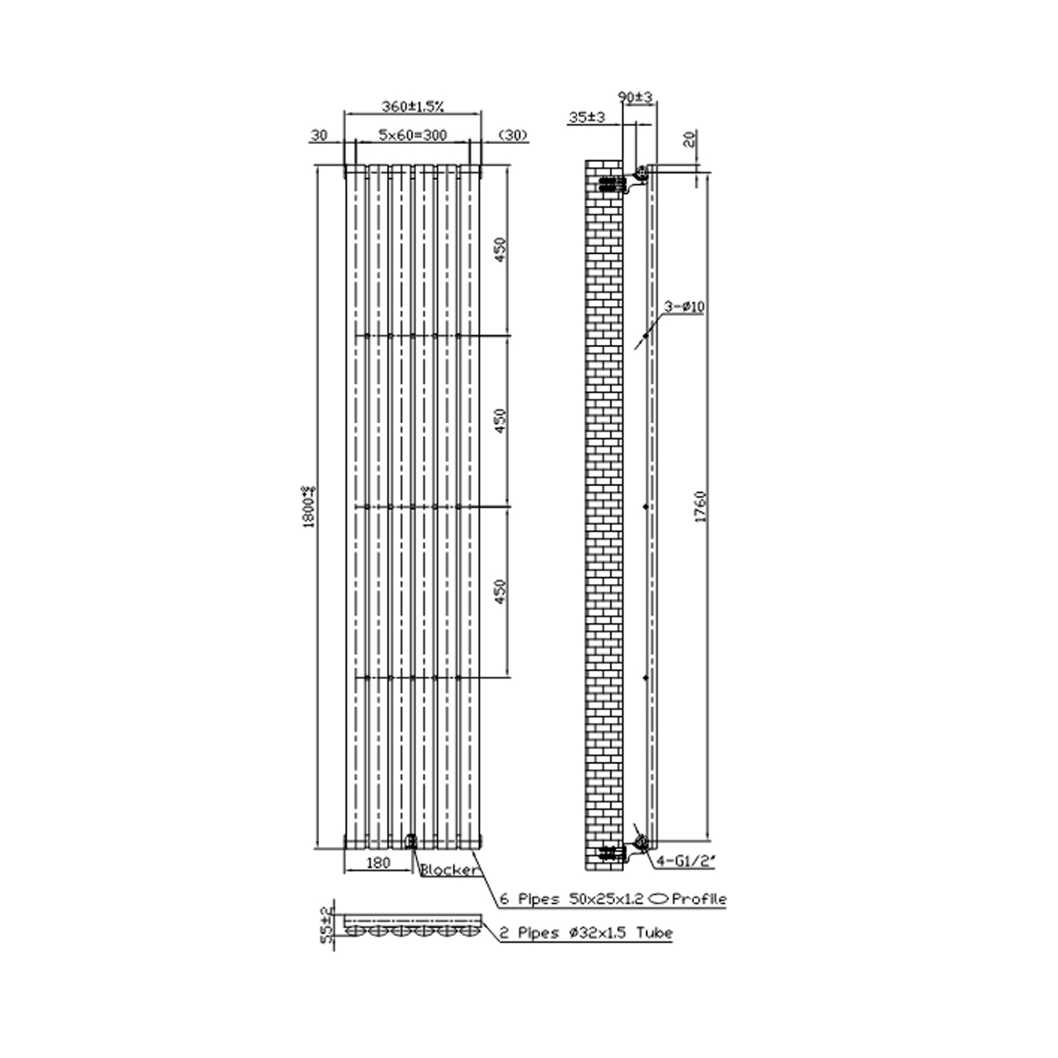 Termoarredo idraulico Singolo modello Piano 1800x360 mm e 667W - Bianco
