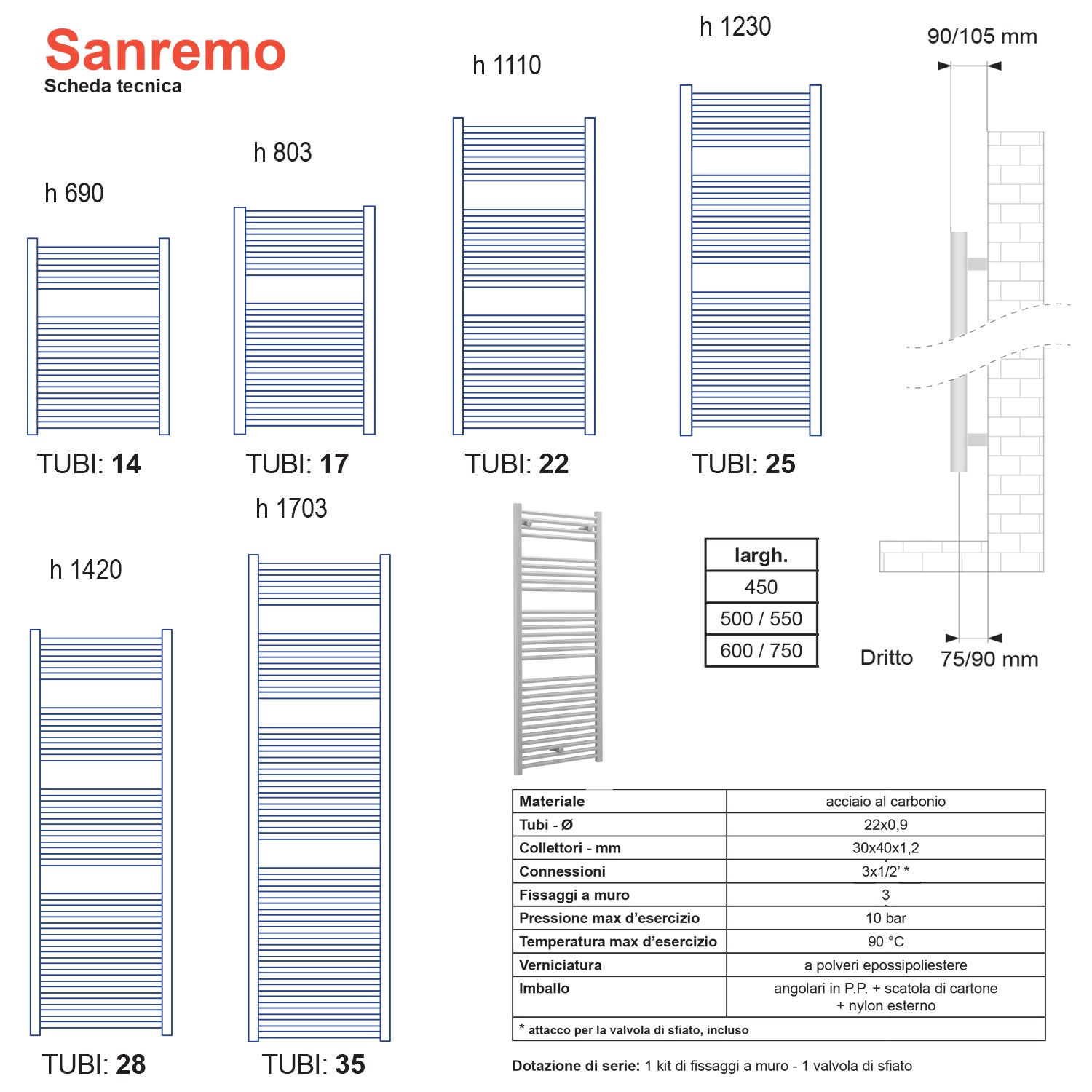 Termoarredo scaldasalviette Lazzarini Sanremo 1110x500 interasse 450 bianco