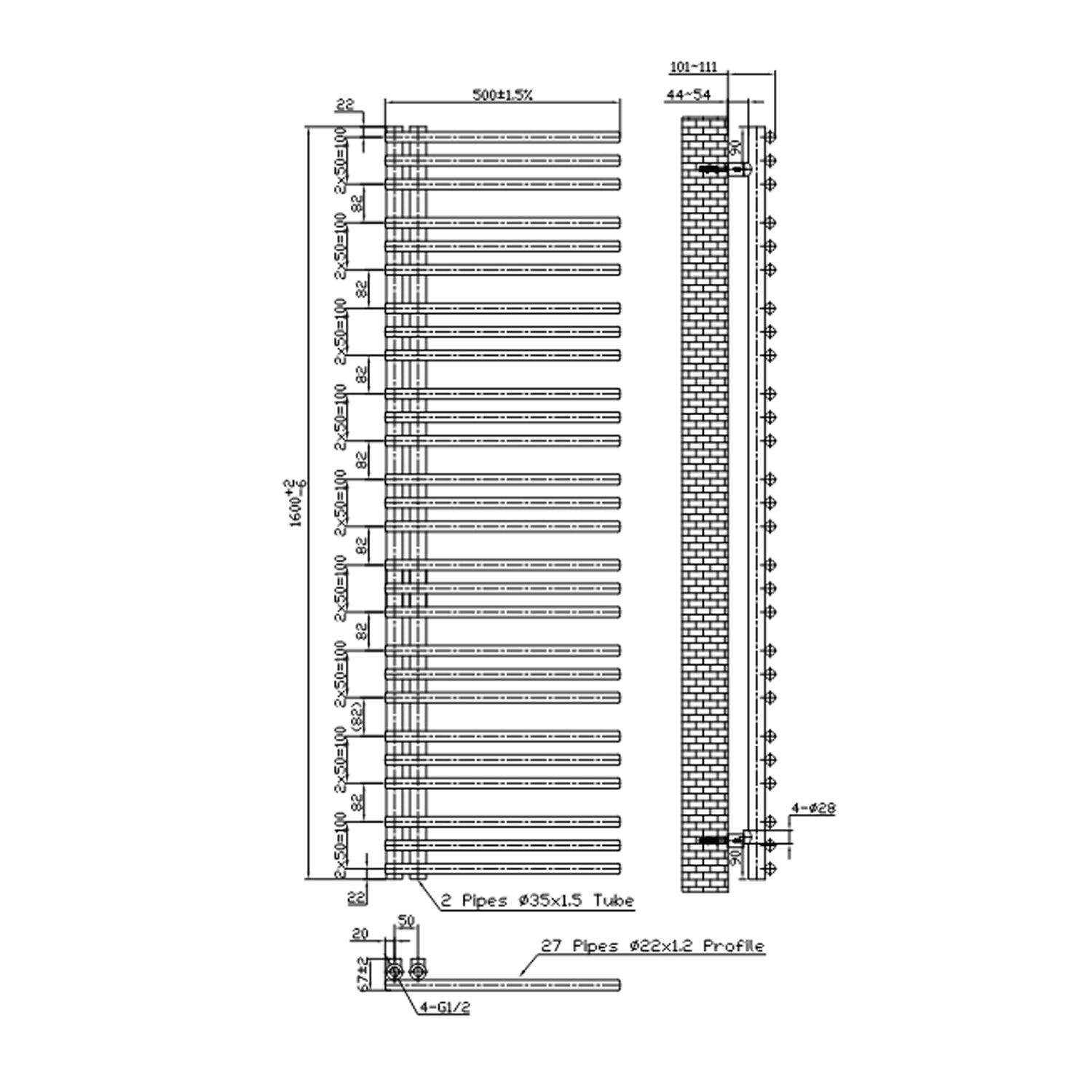 Termoarredo idraulico modello Arpa 160x50 cm e 624W - Nero