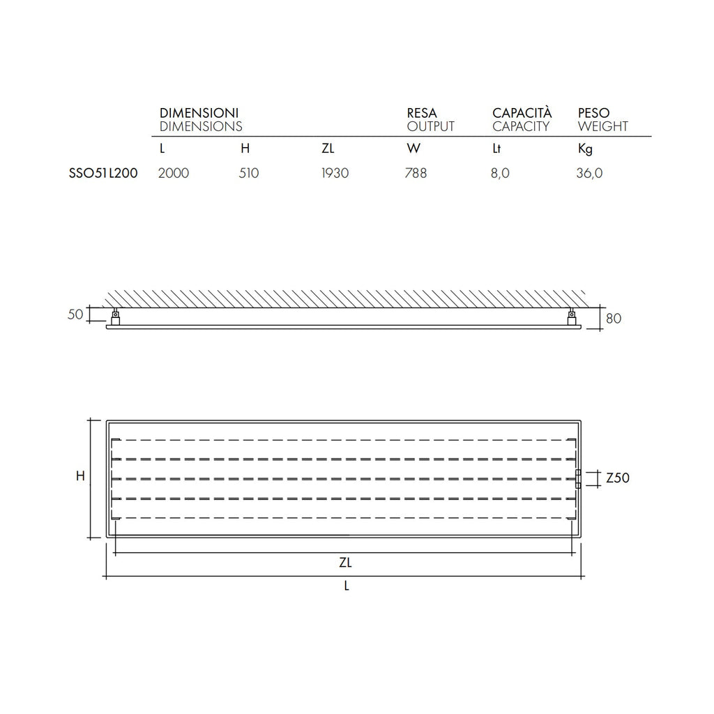  Termoarredo idraulico a piastra orizzontale 510x2000 mm interasse 50 mm modello TermoCrea Bianco