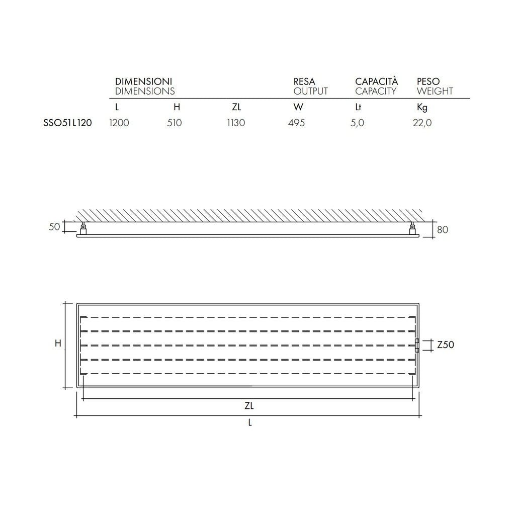  Termoarredo idraulico a piastra orizzontale 510x1200 mm interasse 50 mm modello TermoCrea Bianco
