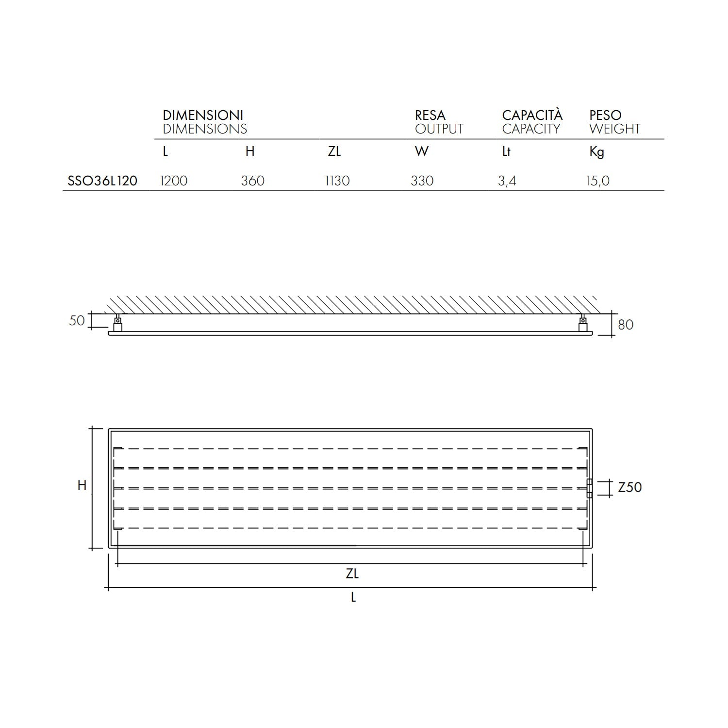 Termoarredo idraulico a piastra orizzontale 360x1200 mm interasse 50 mm modello TermoCrea Bianco