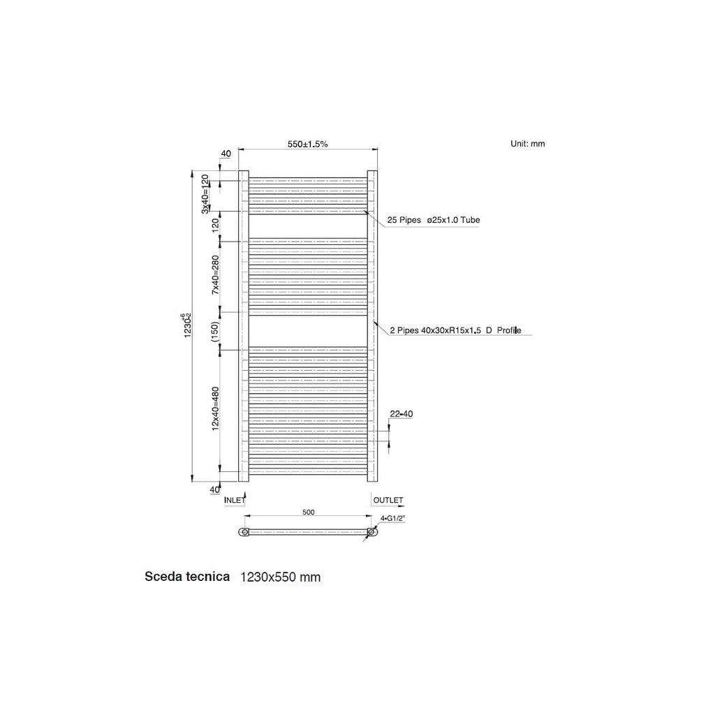 Termoarredo scaldasalviette da bagno idraulico 1230x550 mm interasse 550 mm in acciaio Verniciato Bianco