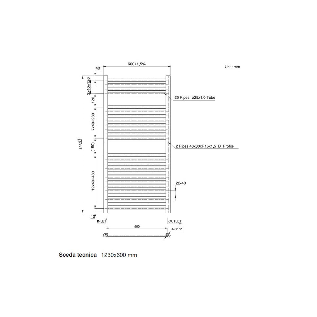Termoarredo scaldasalviette da bagno idraulico 1230x600 mm interasse 550 mm in acciaio Verniciato Bianco