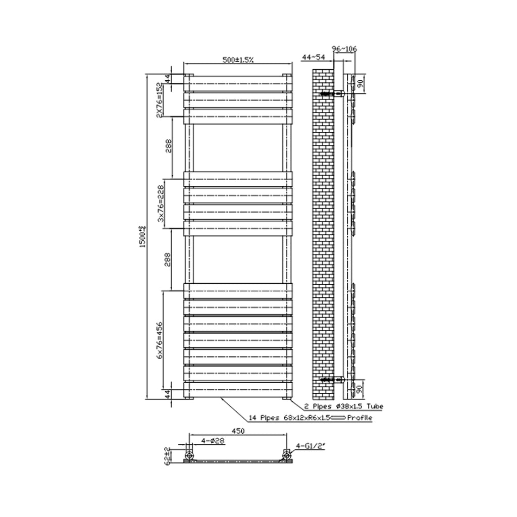 Termoarredo idraulico modello Ritmo 1513x500 mm e 683W - Nero