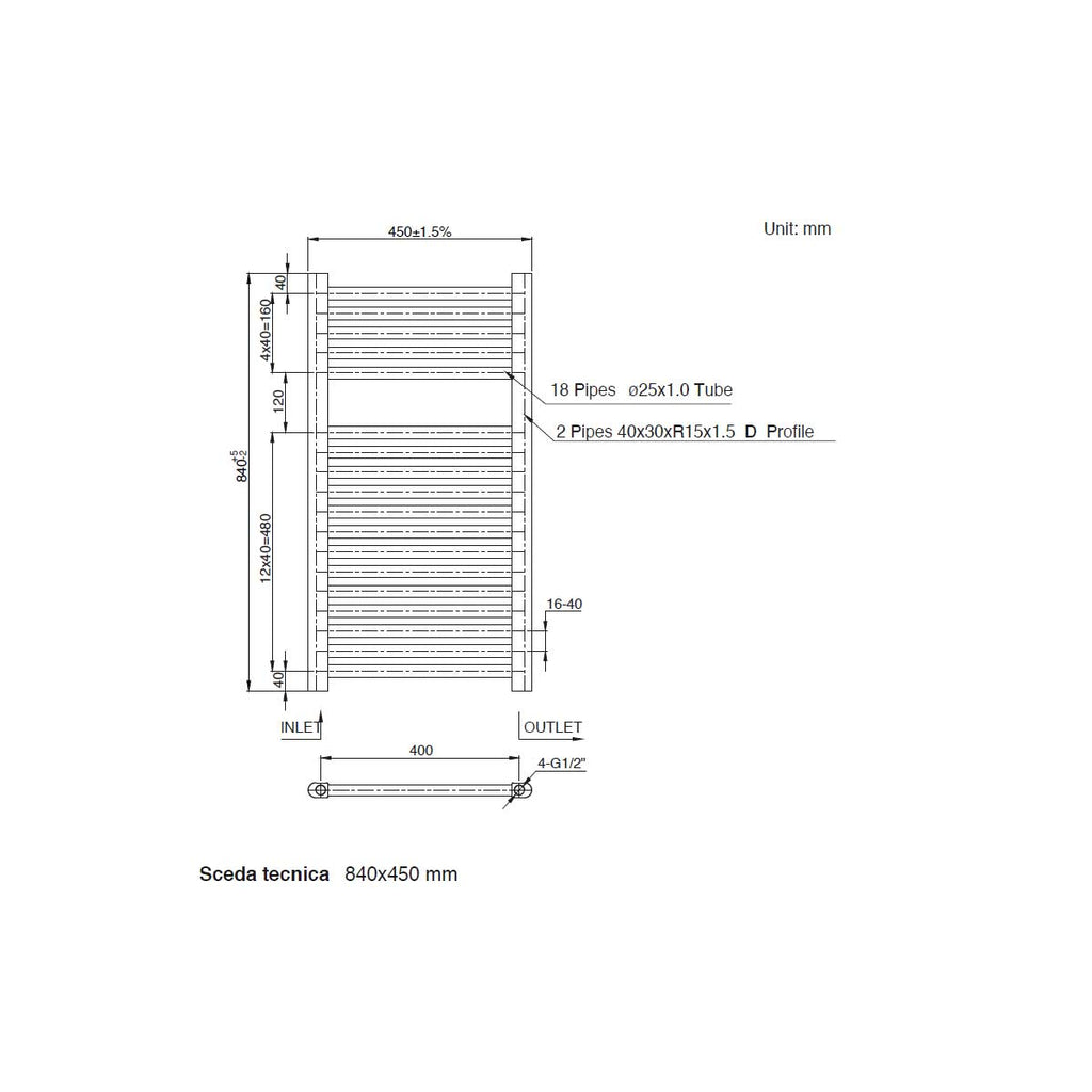 Termoarredo scaldasalviette da bagno idraulico 840x500 mm interasse 450 mm in acciaio Verniciato Bianco modello ELVIA