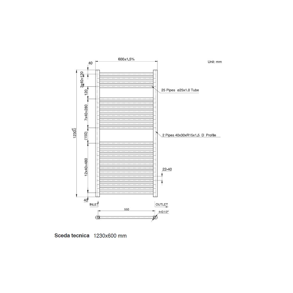 Termoarredo scaldasalviette da bagno idraulico 1230x600 mm interasse 550 mm in acciaio Verniciato Bianco