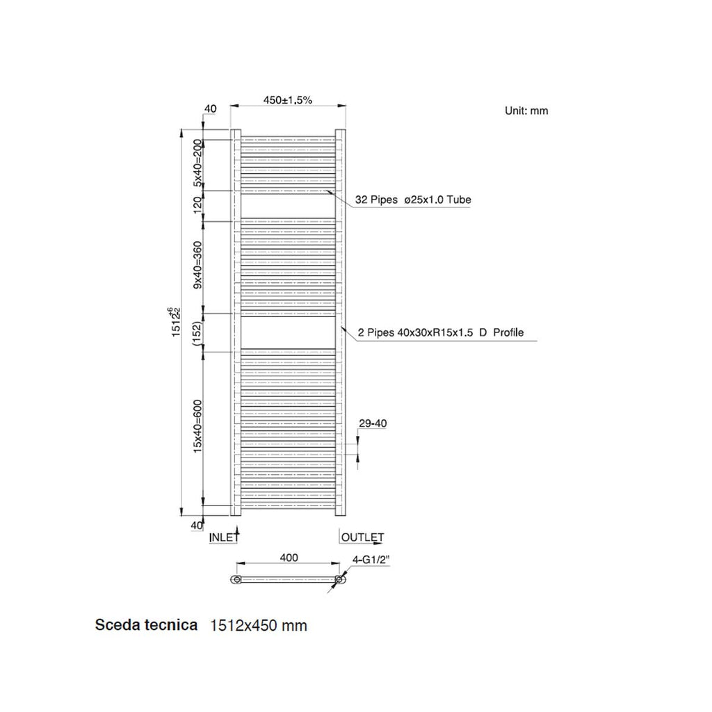 Termoarredo scaldasalviette da bagno idraulico 1510x450 mm interasse 400 mm in acciaio Verniciato Bianco