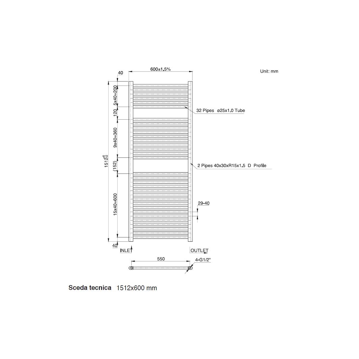 Termoarredo scaldasalviette da bagno idraulico 1510x600 mm interasse 550 mm in acciaio Verniciato Bianco