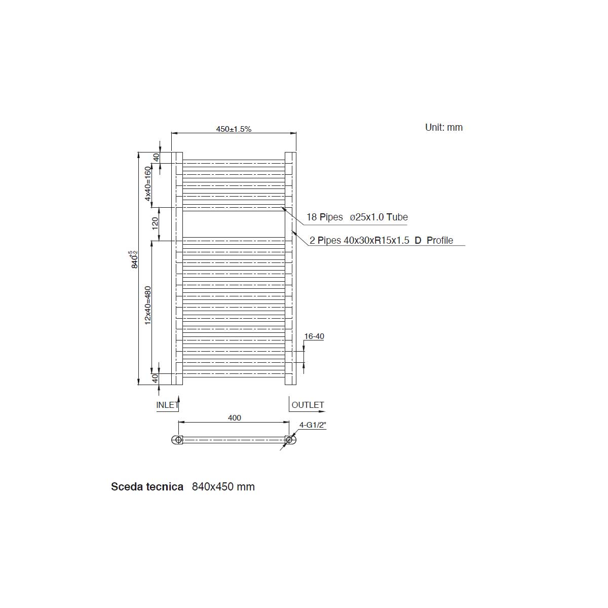 Termoarredo scaldasalviette da bagno idraulico 840x500 mm interasse 450 mm in acciaio Verniciato Nero