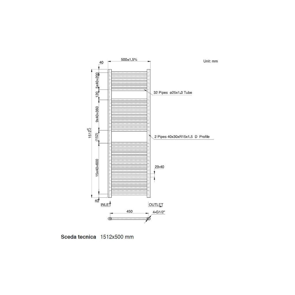 Termoarredo scaldasalviette da bagno idraulico 1512x500 mm interasse 450 mm in acciaio Verniciato Nero