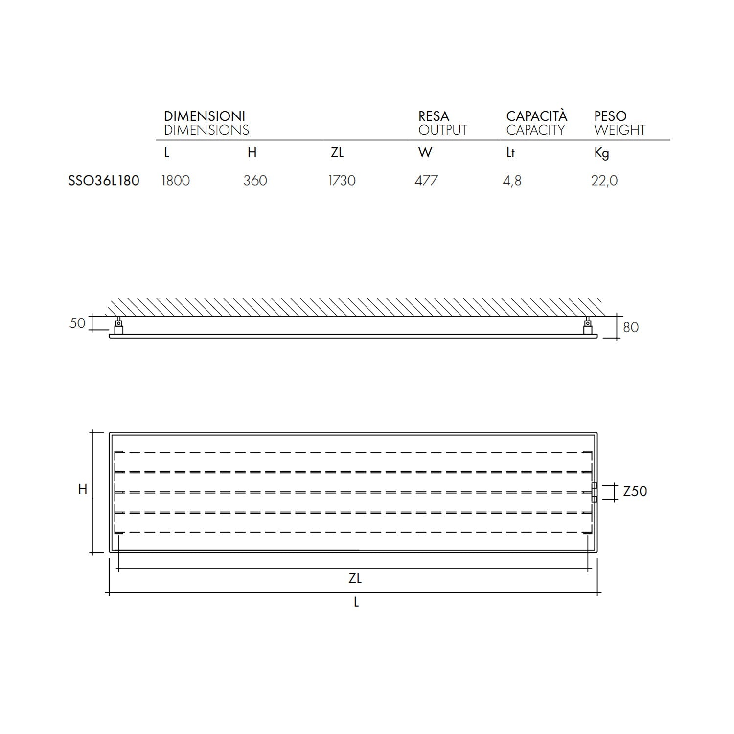  Termoarredo design linea TermoCrea Modello 'New York' cm 36x180 a piastra orizzontale interasse mm 50