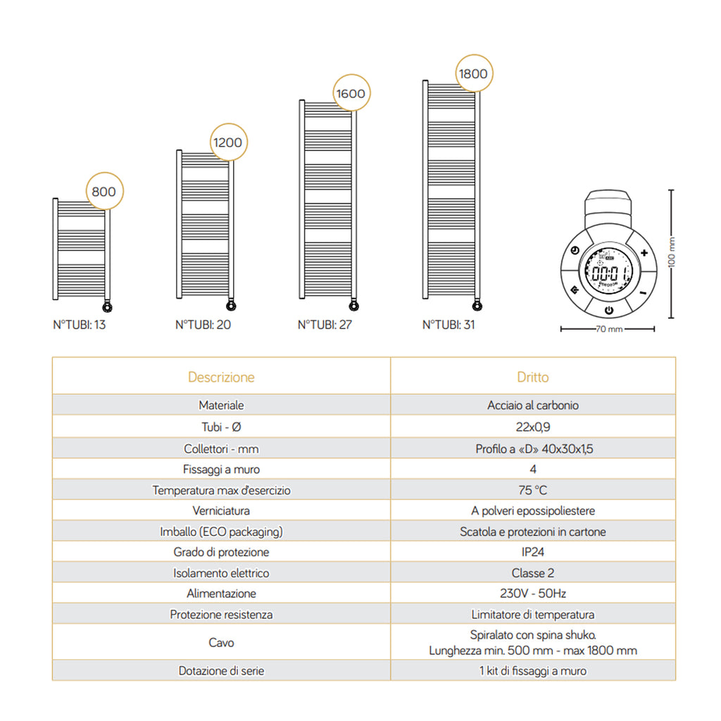 Termoarredo elettrico bianco 1800x500 Lazzarini E-Bolzano 900 watt con altezza 1800 mm e termostato