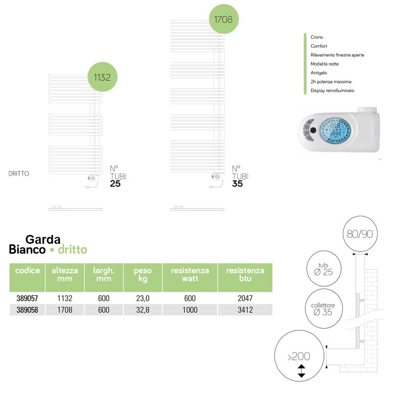 Termoarredo elettrico bianco Lazzarini E-Garda a 35 tubi resistenza 1000 watt