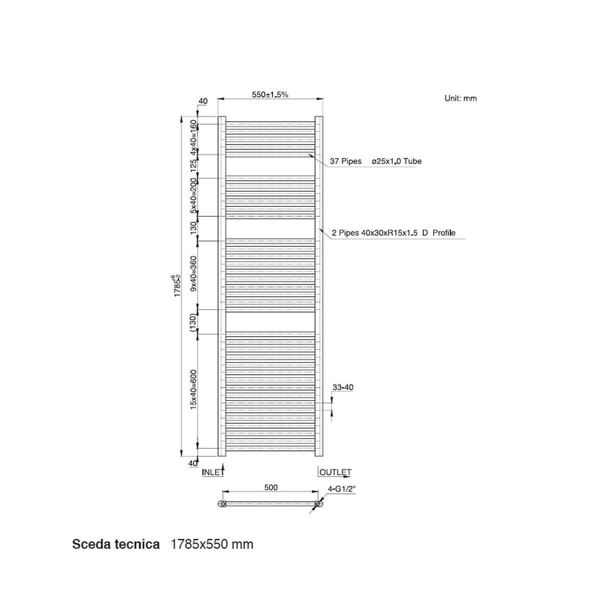 Termoarredo scaldasalviette idraulico CSRadiators 1780x550 mm interasse 500 mm - Bianco