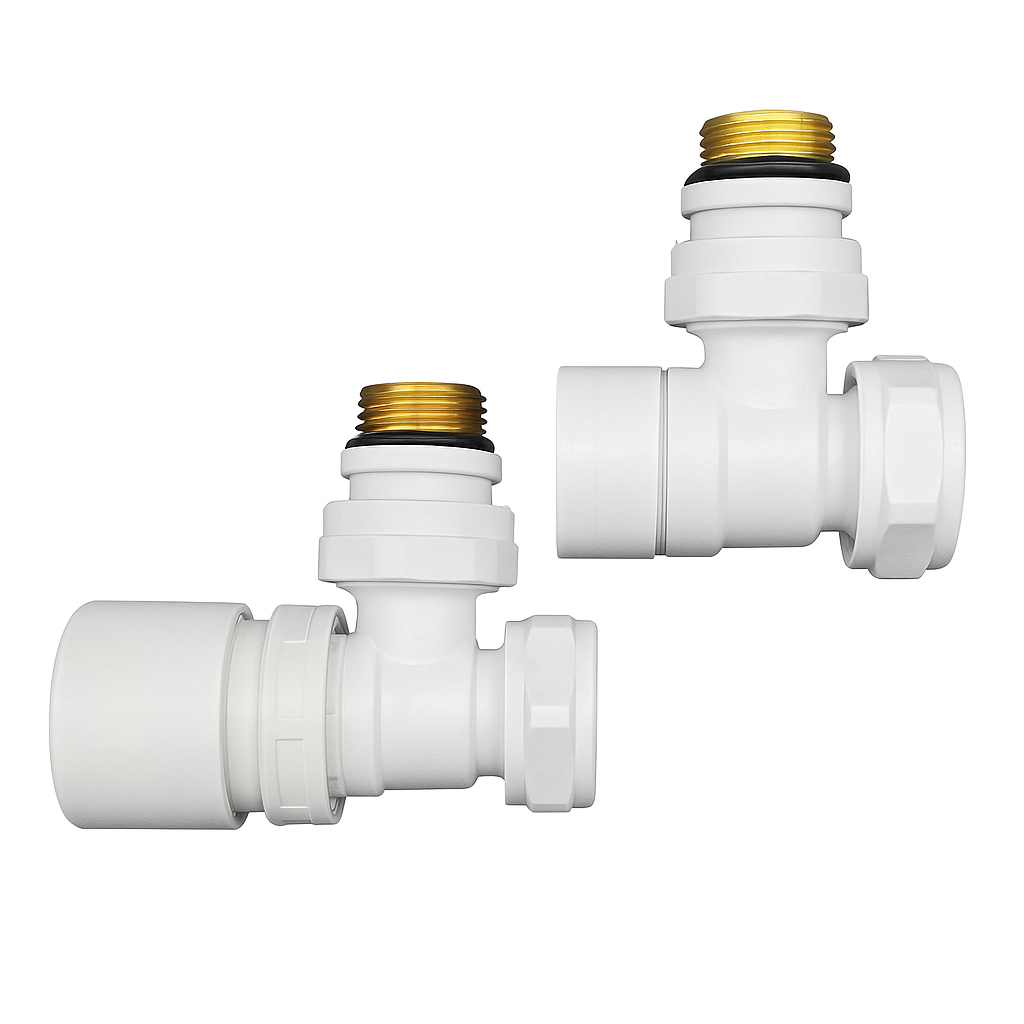 Kit valvola termostatizzabile e detentore a squadra 3/4â€™â€™ EK con adattatori 16x2 mm Lazzarini - Bianco