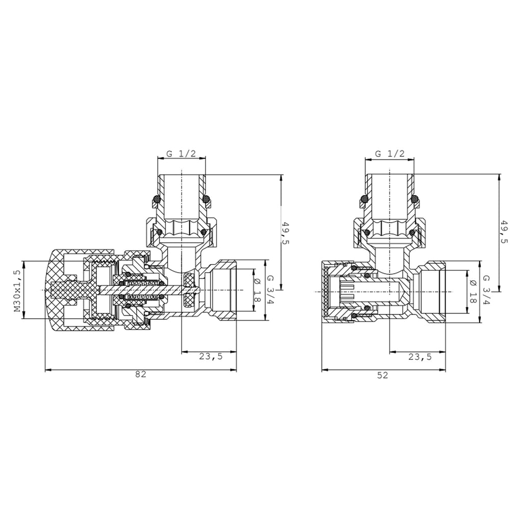Kit valvola termostatizzabile e detentore a squadra 3/4â€™â€™ EK con adattatori multistrato 16x2 mm e adattatore rame - Lazzarini