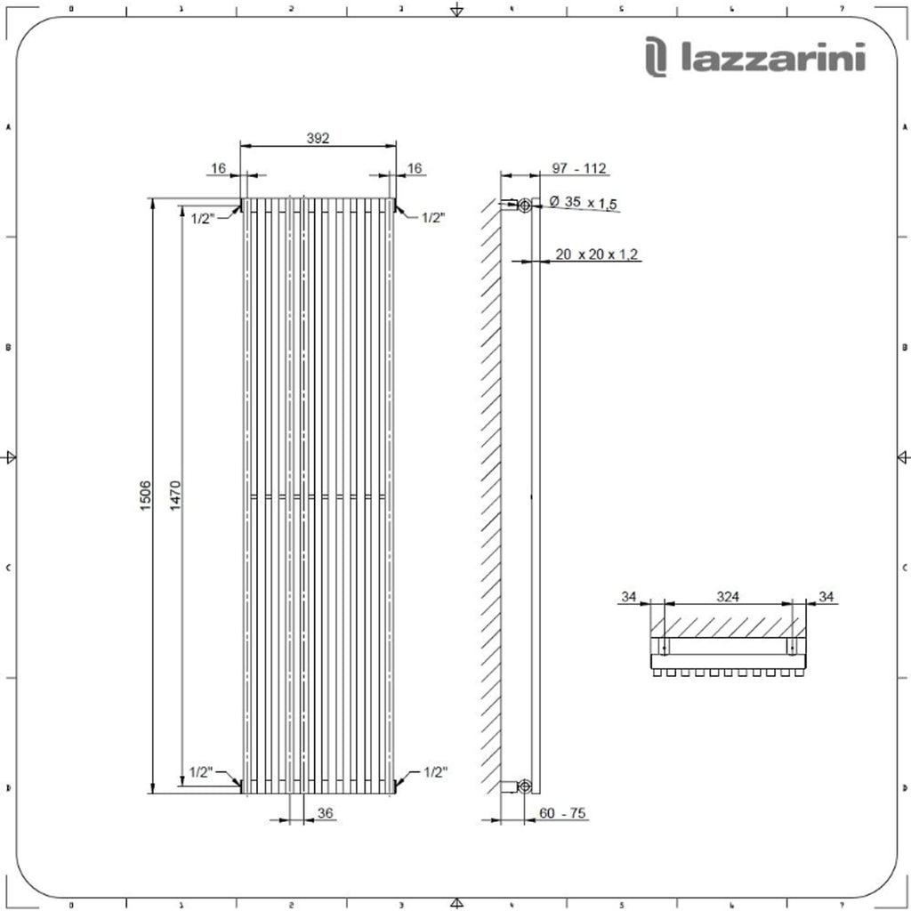 Termoarredo singolo Lazzarini 1506x392mm interasse 392/1470mm modello Grosseto V finitura Bianco