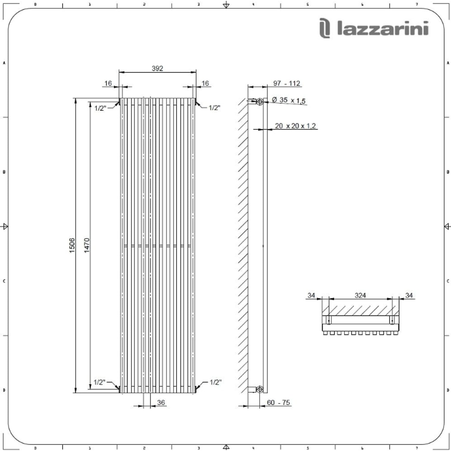 Termoarredo singolo Lazzarini 1506x392mm interasse 392/1470mm modello Grosseto V finitura Bianco