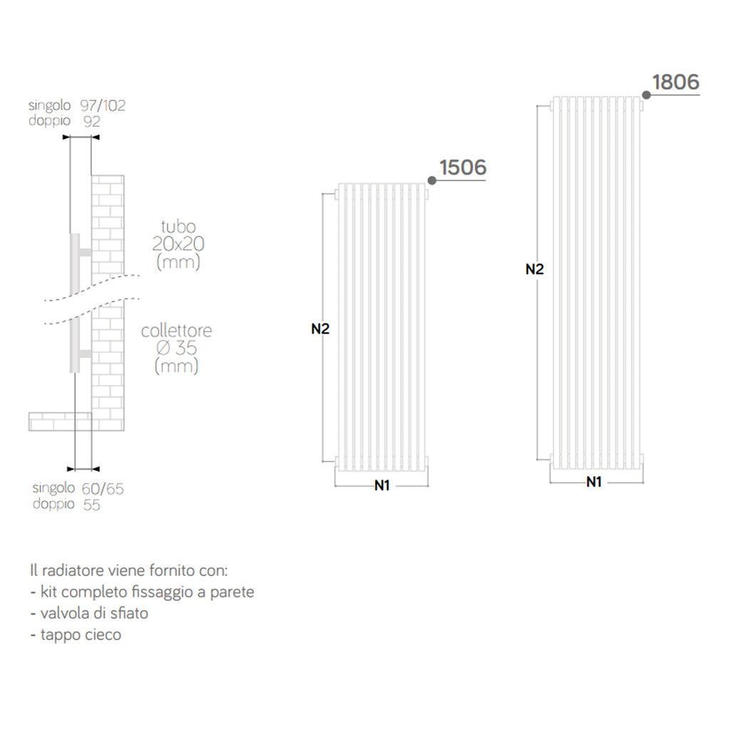 Termoarredo singolo Lazzarini 1506x392mm interasse 392/1470mm modello Grosseto V finitura Bianco