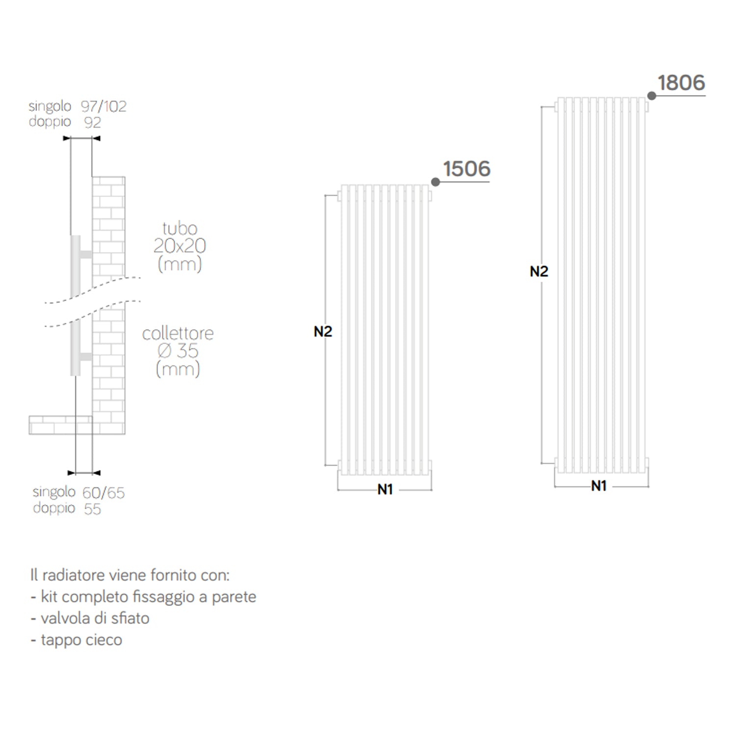 Termoarredo singolo Lazzarini 1506x392mm interasse 392/1470mm modello Grosseto V finitura Bianco