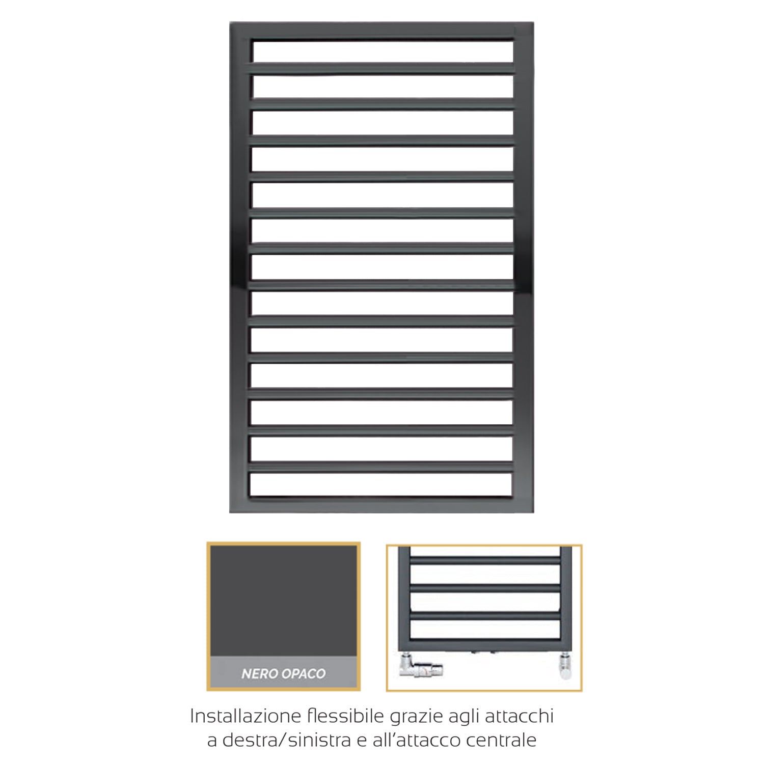 Termoarredo in acciaio con elementi tondi Nero Opaco Zehnder modello Subway H. 973 x L. 450 mm
