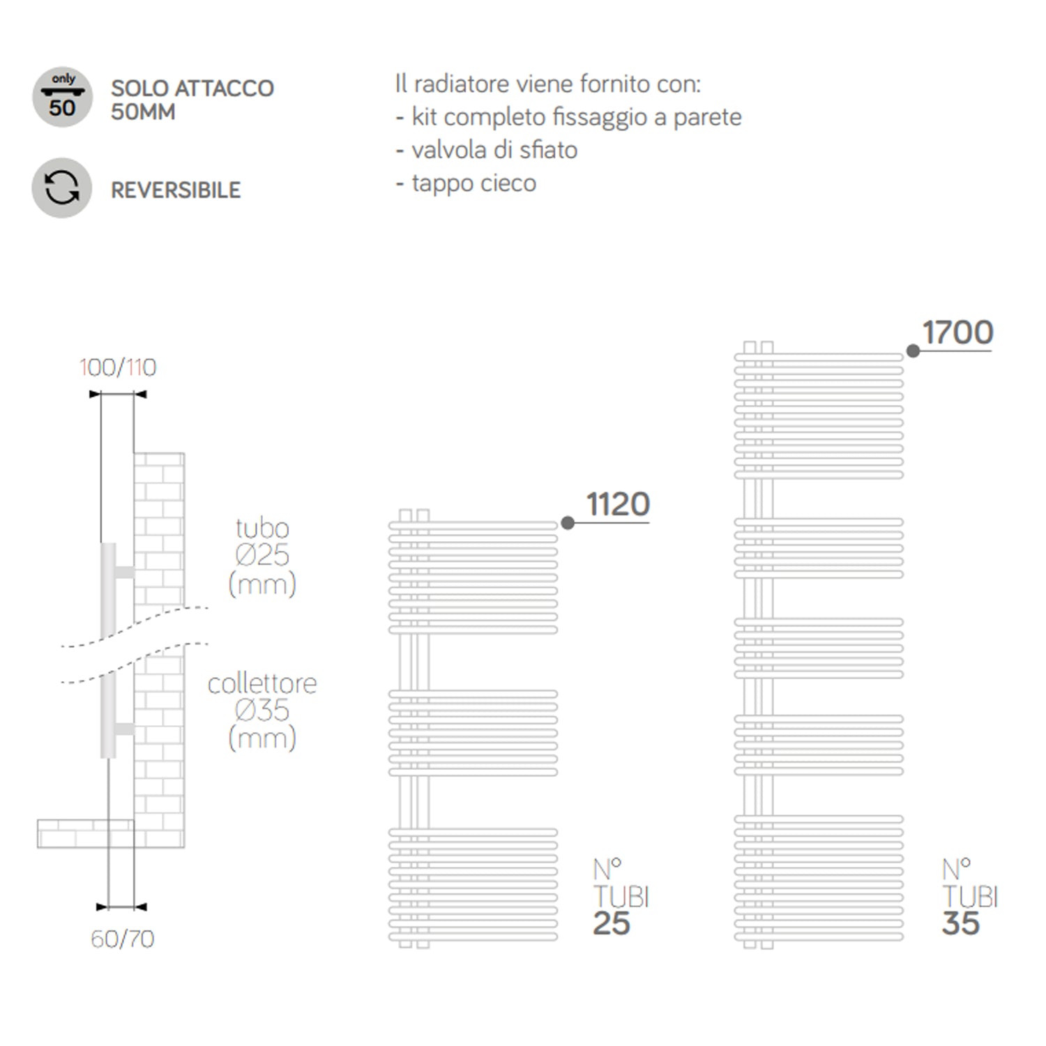 Termoarredo a bandiera 1120x500 mm interasse 50 mm modello Bari finitura Bianco