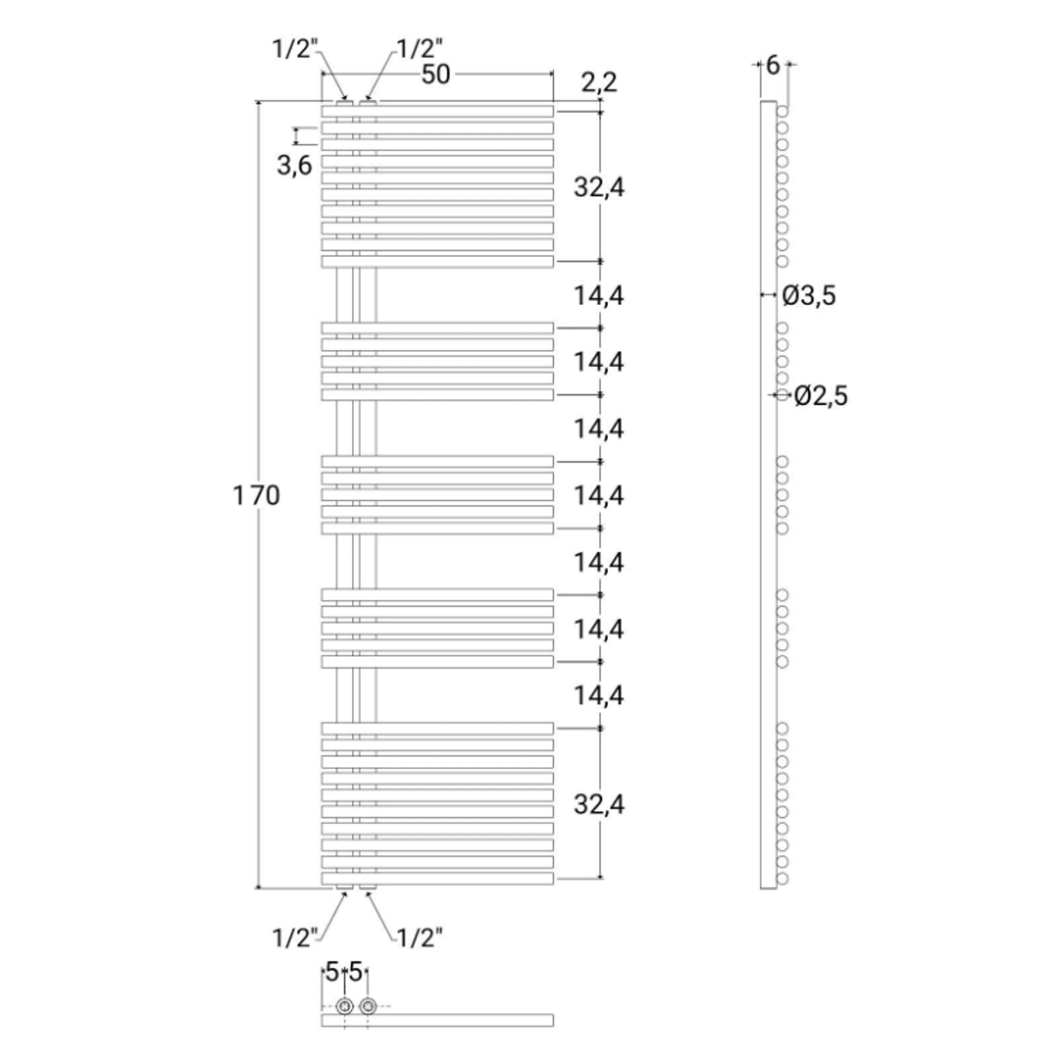 Termoarredo a bandiera 1120x500 mm interasse 50 mm modello Bari finitura Bianco