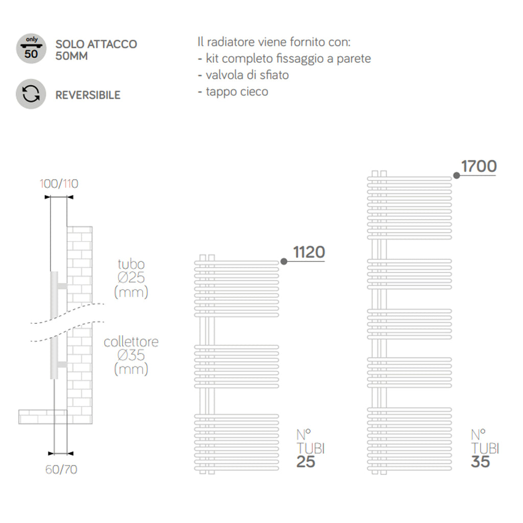 Termoarredo a bandiera 1120x500 mm interasse 50 mm modello Bari finitura Bianco