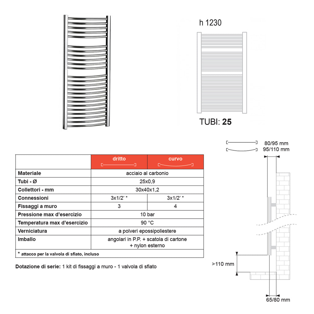 Termoarredo Curvo Roma di Lazzarini 1230x450 interasse 405 - Cromato