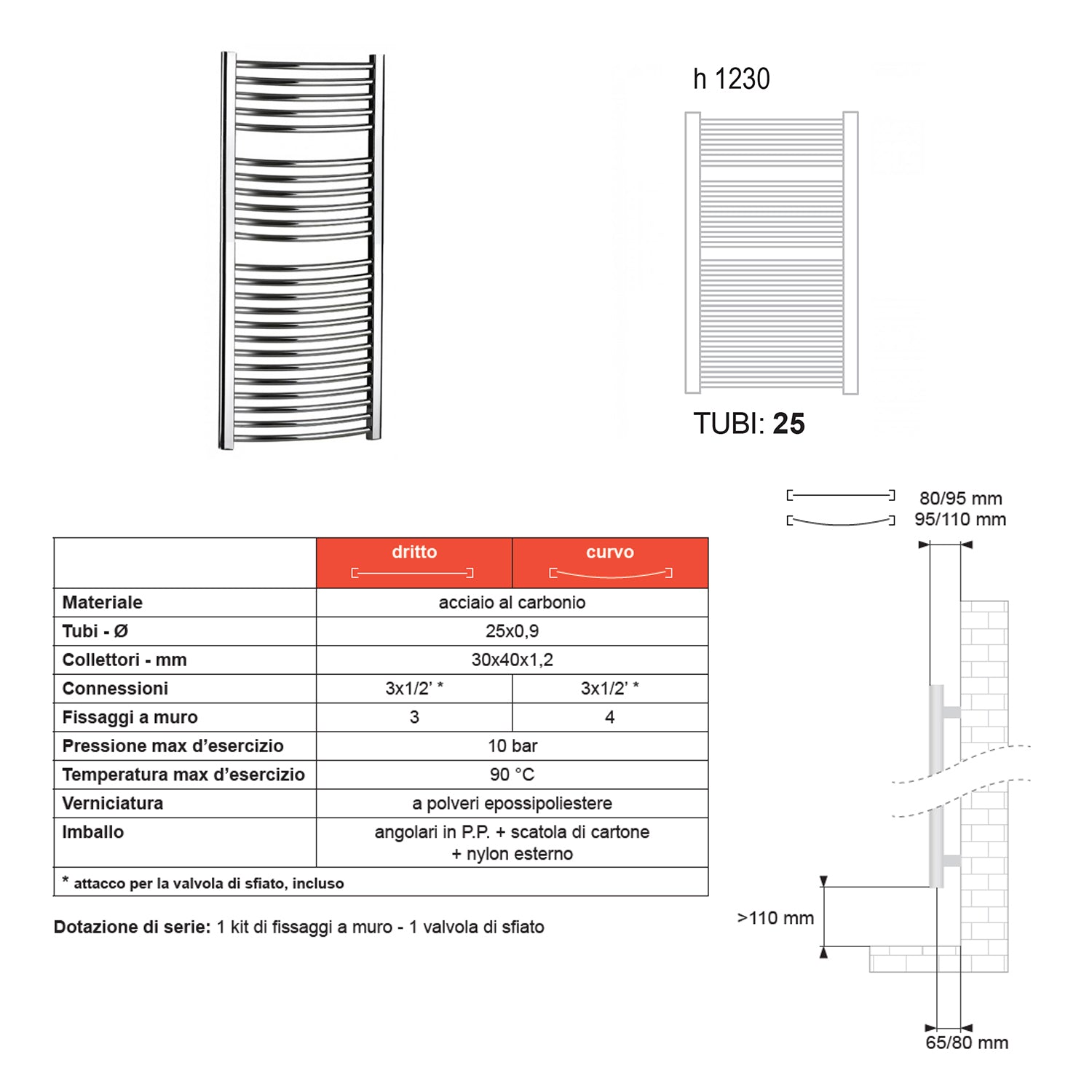 Termoarredo Curvo Roma di Lazzarini 1230x450 interasse 405 - Cromato