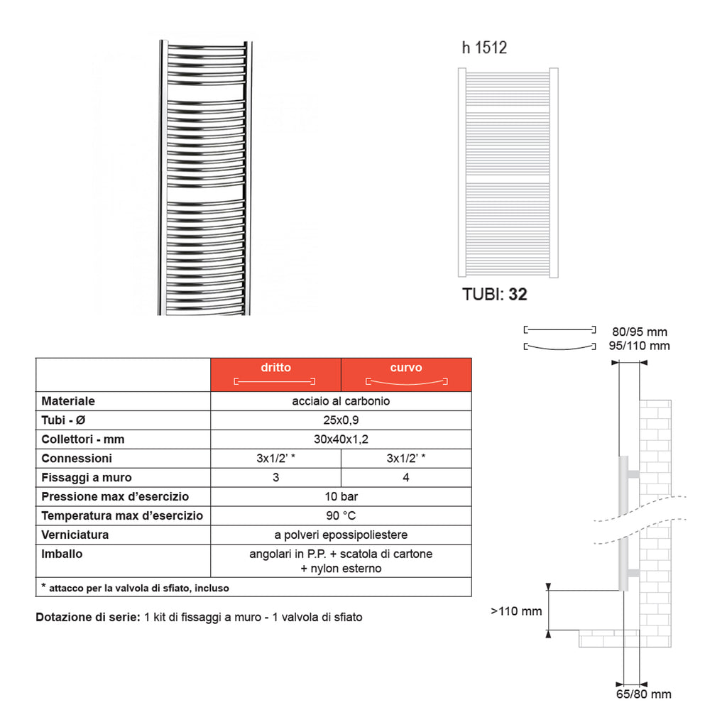 Termoarredo Curvo Roma di Lazzarini 1512x450 interasse 405 - Cromato