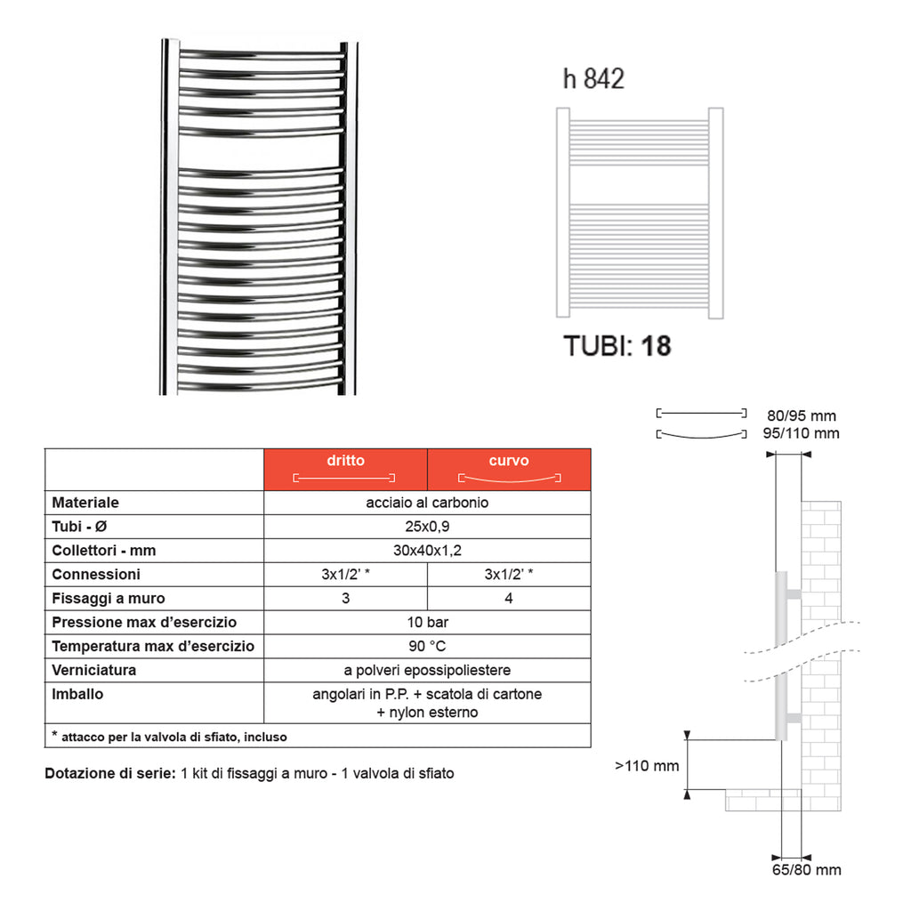 Termoarredo Curvo Roma di Lazzarini 840x450 interasse 405 - Cromato
