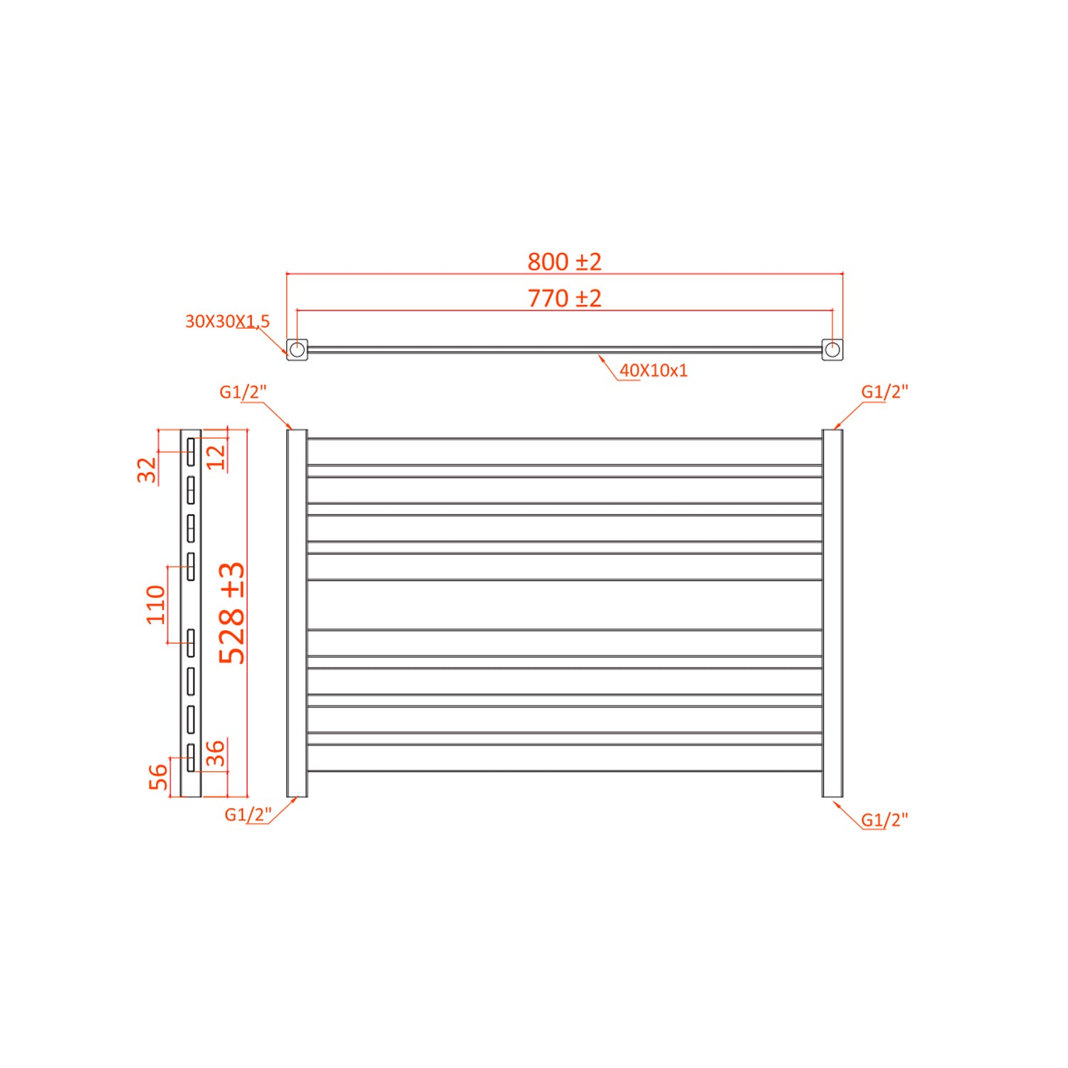 Termoarredo Planar orizzontale H 528 x Int. 770 mm - Bianco