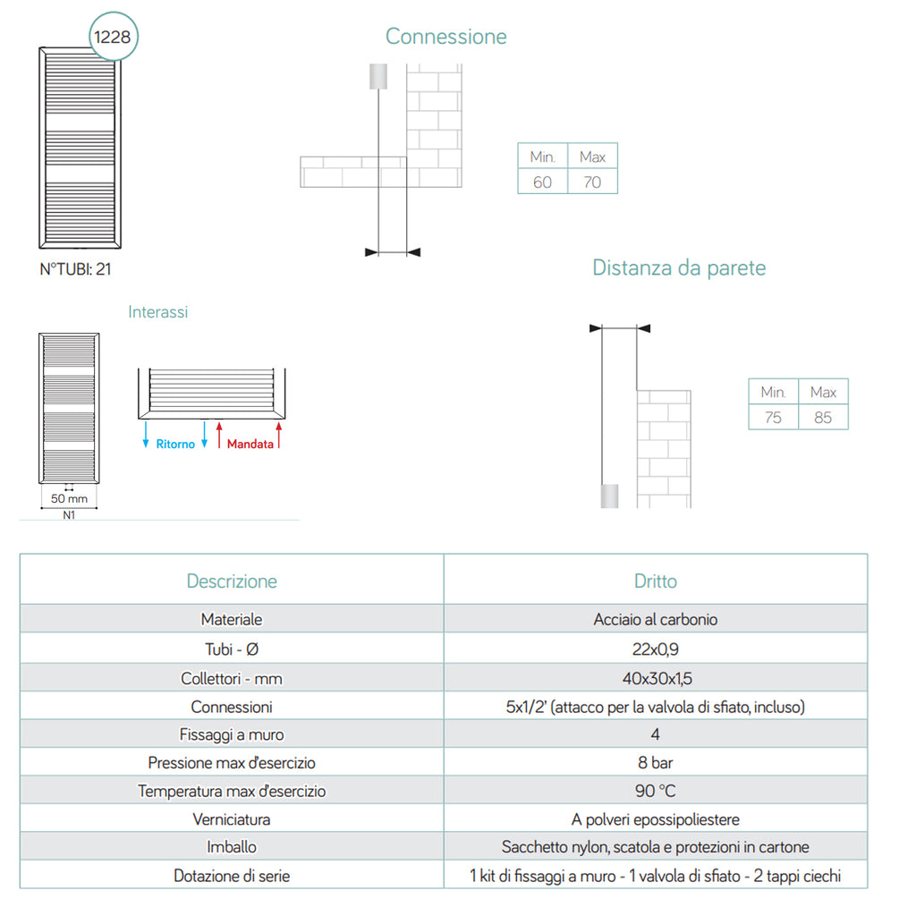 Termoarredo scaldasalviette in acciaio verniciato antracite 1228x500 interasse 450 Lazzarini Asti