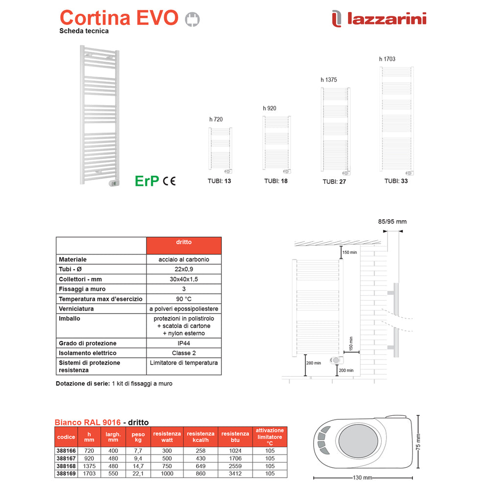 Termoarredo elettrico con termostato digitale Lazzarini Cortina EVO 1375X480 Bianco