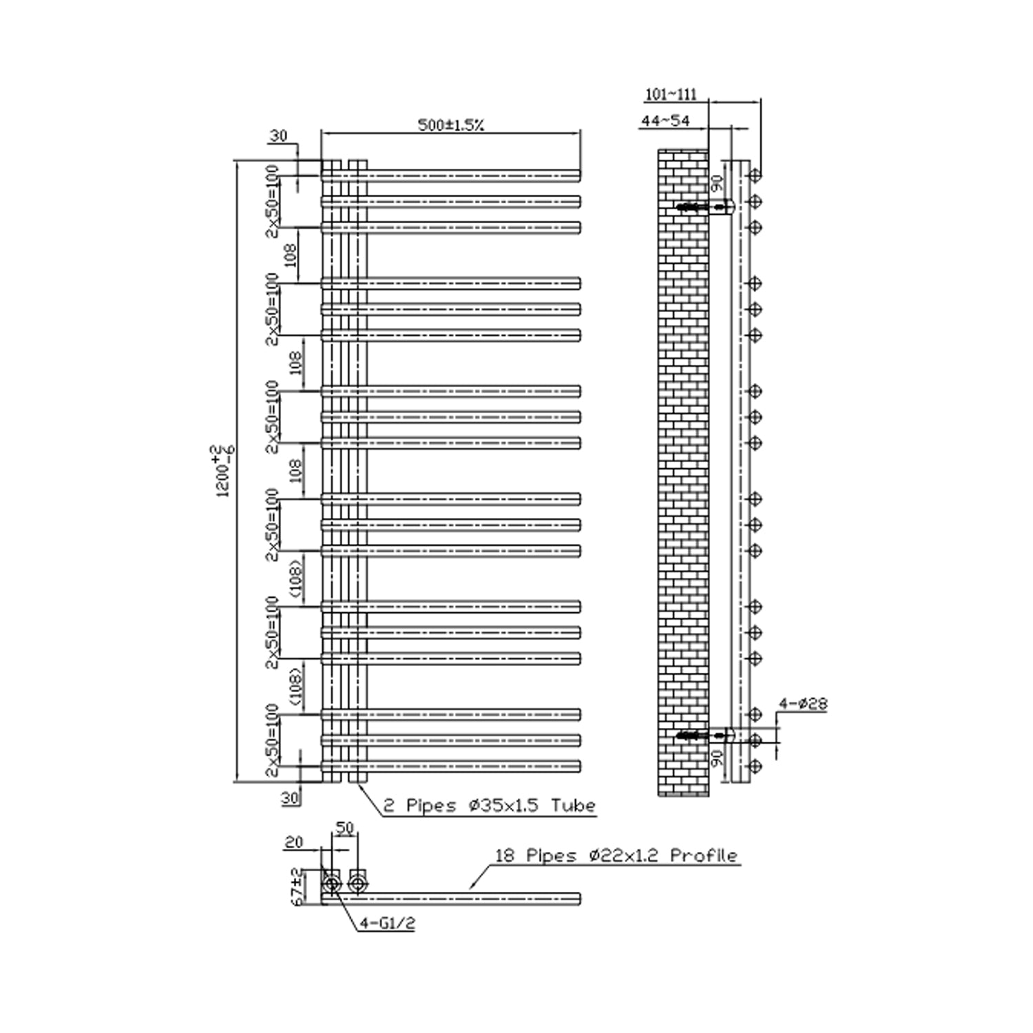 Termoarredo idraulico modello Arpa 120x50 cm e 430W - Nero