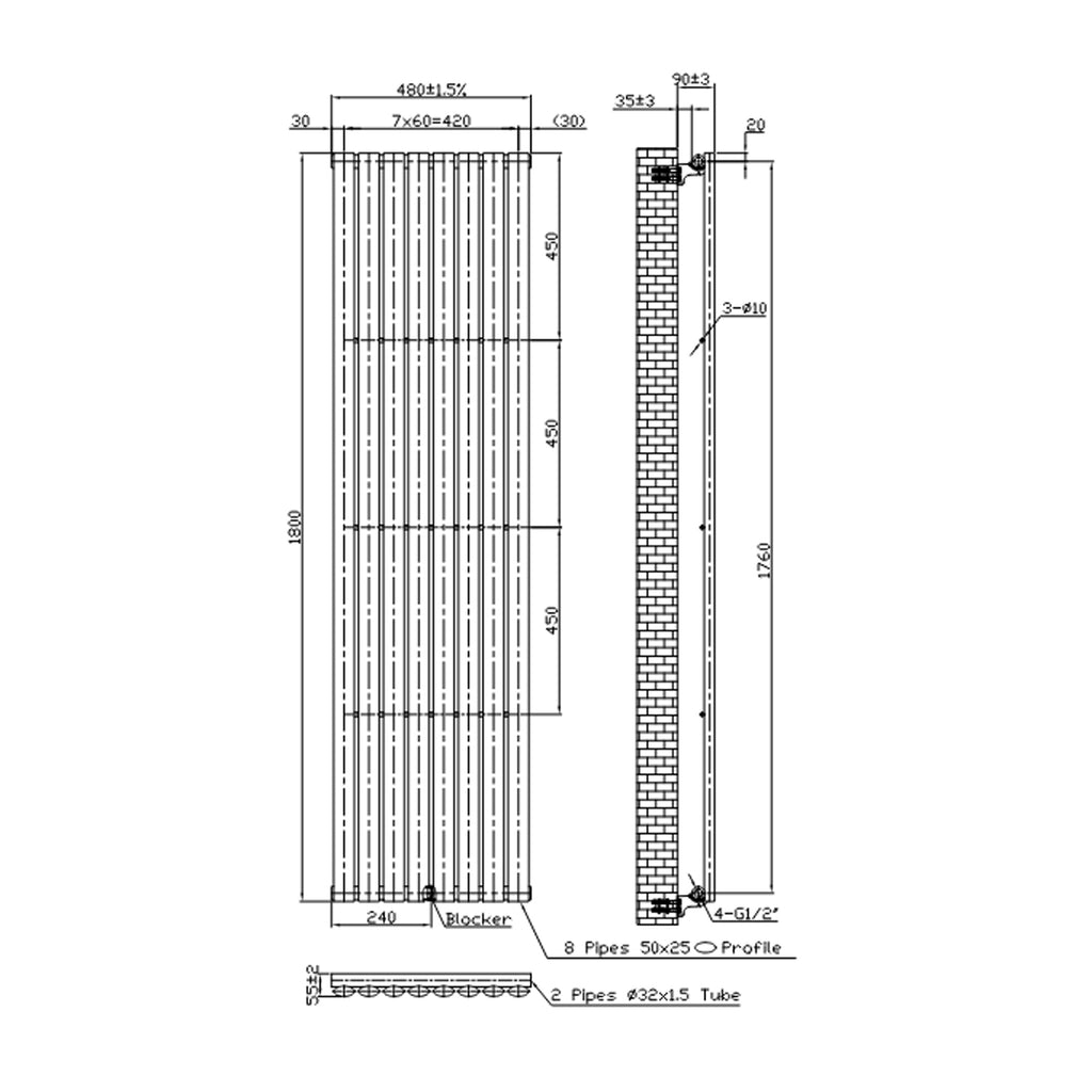 Termoarredo idraulico Singolo modello Piano 1800x480 mm e 889W - Bianco