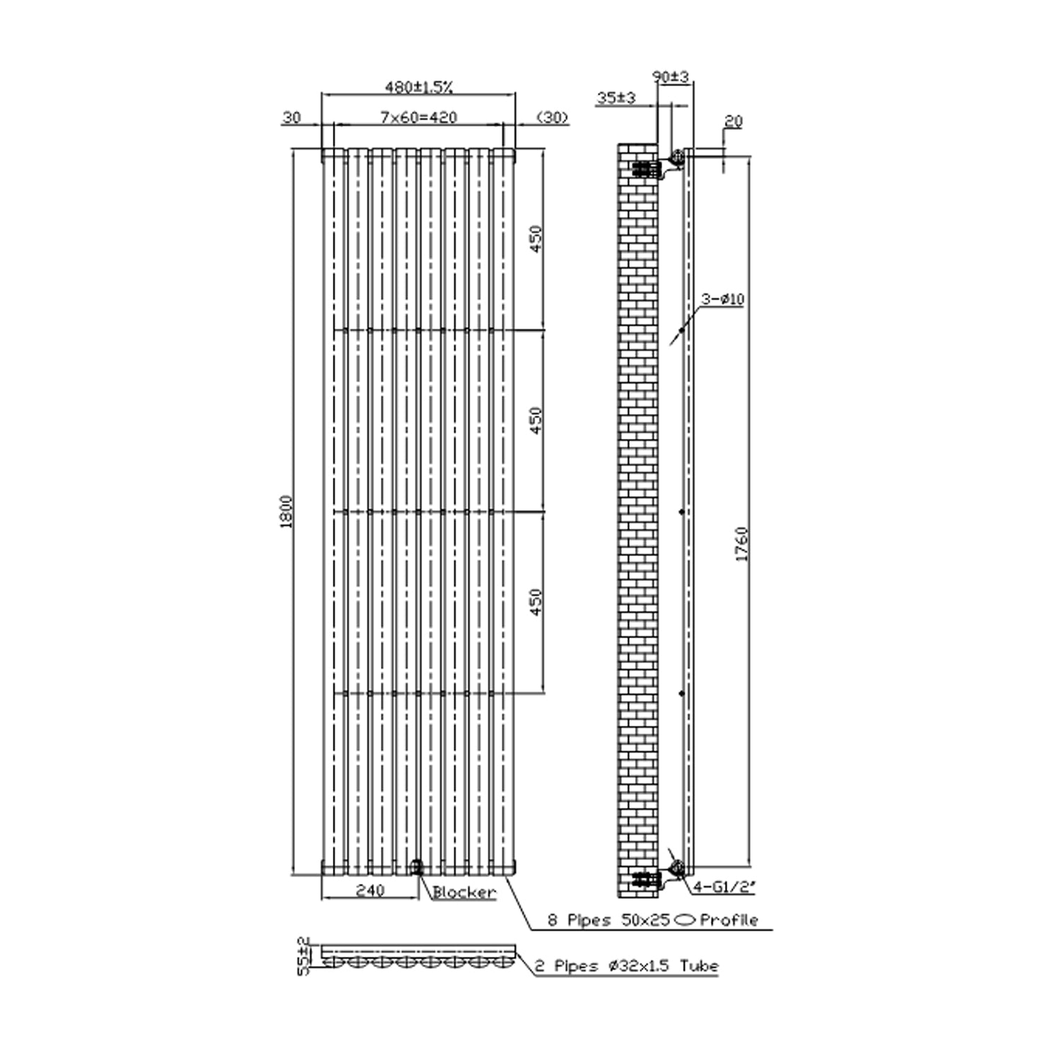 Termoarredo idraulico Singolo modello Piano 1800x480 mm e 889W - Bianco