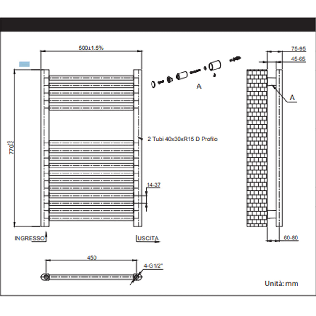 222003 - Termoarredo dritto H 150 x L 50 cm Interasse 45 cm - Nero opaco