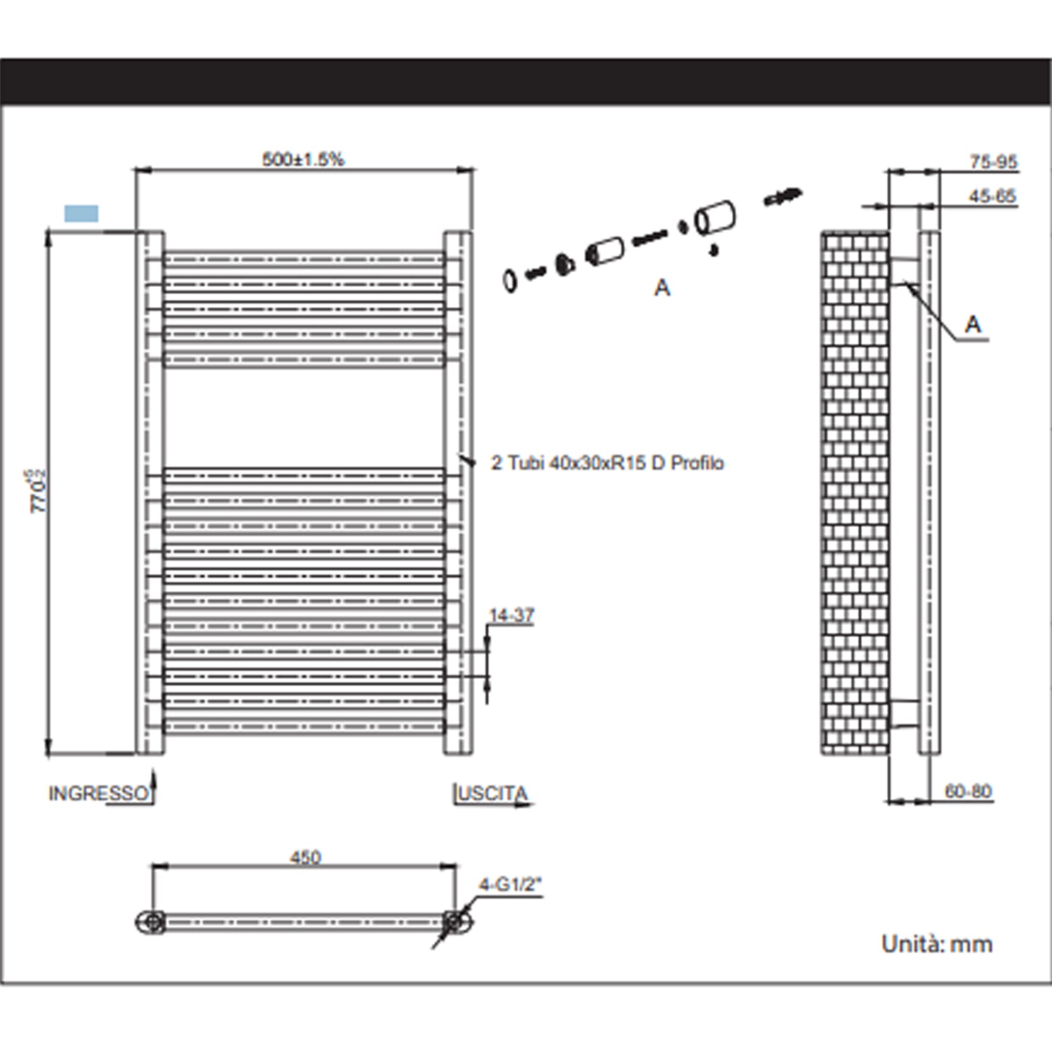 222003 - Termoarredo dritto H 150 x L 50 cm Interasse 45 cm - Nero opaco