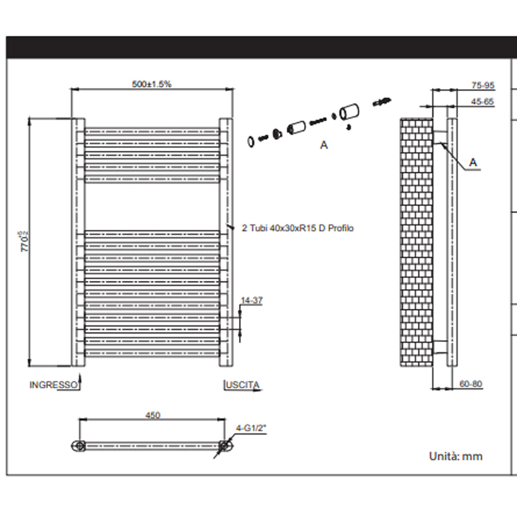 222004 - Termoarredo dritto H 180 x L 50 cm Interasse 45 cm - Nero opaco