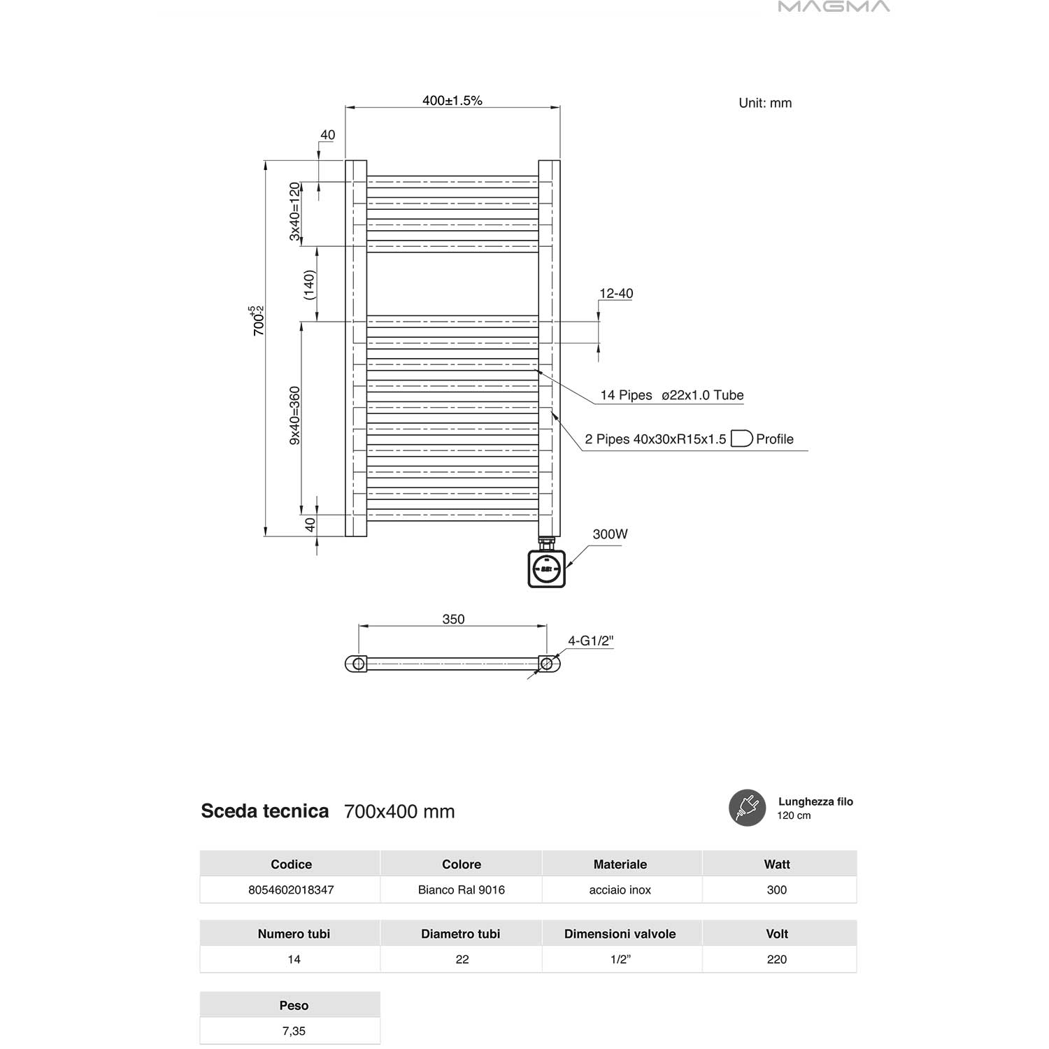 Termoarredo scaldasalviette da bagno elettrico con Termostato Digitale 700x400 con potenza di 300 Watt  Collezione vialis Nuova Generazione BASSO CONSUMO