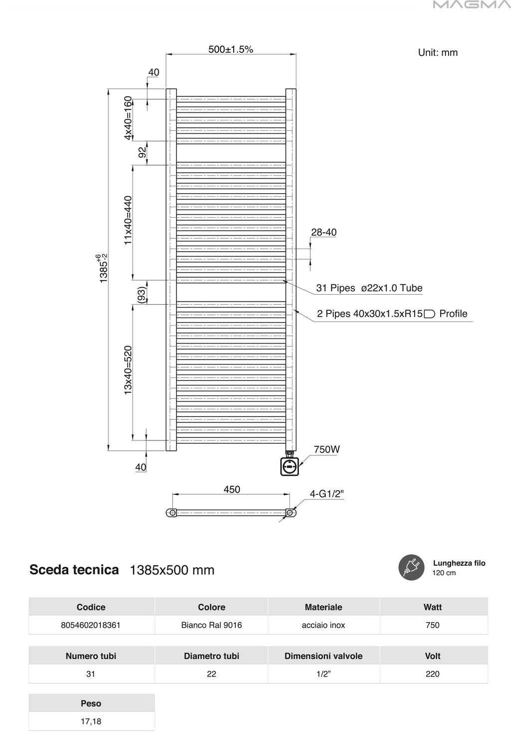 Termoarredo scaldasalviette da bagno elettrico con Termostato Digitale 1380x500 con potenza di 750 Watt  Collezione Vialis Nuova Generazione BASSO CONSUMO
