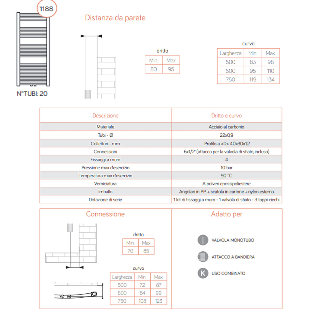 Termoarredo idraulico curvo 1188x500 bianco Lazzarini Bolzano 496 watt